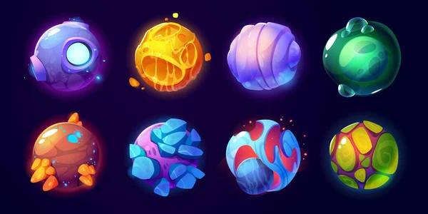 Fantasy Alien Planets Space Game Vector Cartoon Icons Set Magic — Archivo Imágenes Vectoriales