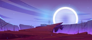 Kozmik arkaplan, yabancı gezegen, dağlarda, kayalarda, yıldızlarda ve uzayda parlayan kocaman parlak haleleriyle ıssız bir arazi. Dünya dışı oyun fantezi sahnesi, Çizgi film vektör illüstrasyonu