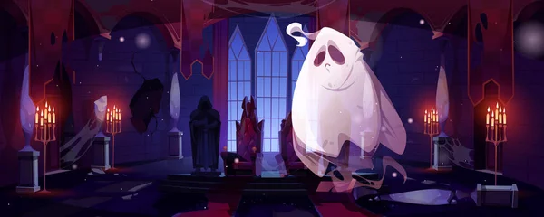 Ghost Night Abandoned Castle Hall Thrones Funny Spook Cartoon Halloween — Stockový vektor