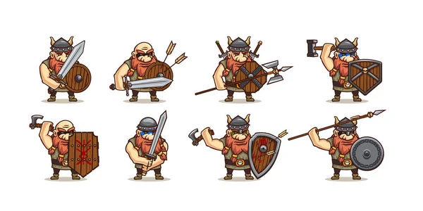 Viking Com Diferentes Armas Armaduras Medievais Conjunto Desenhos Animados Vetorial —  Vetores de Stock