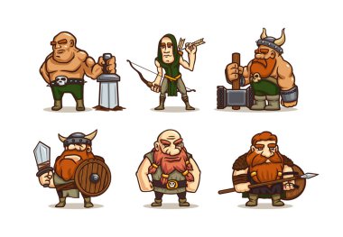 Viking çizgi film karakterleri, kılıç, çekiç, yay, mızrak ve ahşap kalkanları olan eski İskandinav savaşçıları. Oyun ya da masal karakterleri, boynuzlu miğferli ortaçağ barbarları, vektör illüstrasyonu.