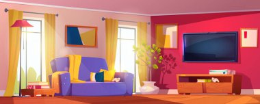 Living room interior with sofa, tv set and play console with joystick, potted plant. Vector cartoon illustration of lounge with coffee table, wooden floor and lamp. Big windows with sunlight or beam