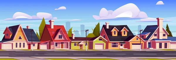 Suburb Houses Suburban Street Residential Cottages City Skyline Countryside Two — Vector de stock