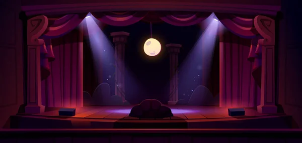 Theater Stage Red Curtains Spotlights Moon Theatre Interior Empty Wooden — Vettoriale Stock