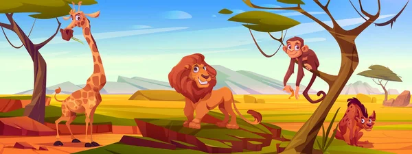 Cartoon african animals in savannah landscape, wild hyena, giraffe, lion and monkey in outdoor safari park, jungle inhabitants in zoo area, exotic creatures, wildlife of Africa, Vector illustration