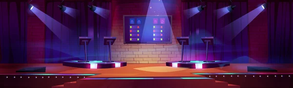 Quiz Game Stage Interior Stands Spotlights Questions Digital Screen Modern — Stockvektor