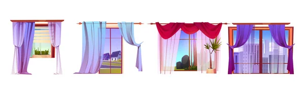 Окна Занавесками Различными Видами Снаружи Векторный Набор Элементов Интерьера Дома — стоковый вектор