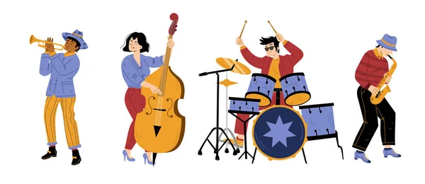 Атмосфера Джазовой Группы Артисты Исполняющие Музыку Сцене Мужчины Женщины Играют — стоковый вектор