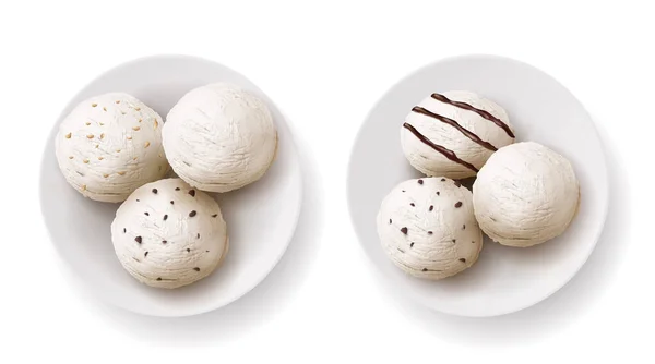 Ice Cream Ball Chocolat Strowberry Sauces Syrup Cookie Chips Nuts — Stock vektor