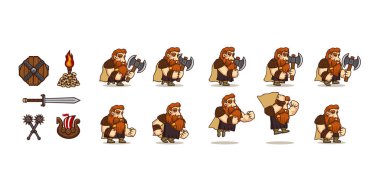 Game character viking walk and jump cycle sequence. Vector cartoon icons set of sword, shield, torch, skulls, maces and wooden ship. Sprite sheet of man warrior with axe for 2d animation