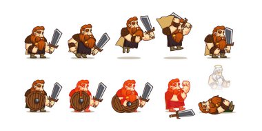 2D Rpg oyunu için Viking çizgi film karakteri animasyonu. İskandinav savaşçı kişiliği kılıçla savaşıyor, ruhla savaşta ölüyor, ölü bedenden dışarı uçuyor, canlandırma efekti, Vector illüstrasyonu