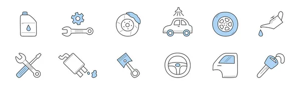 Car Service Doodle Icons Vector Signs Wrench Wheels Auto Steering — Vetor de Stock
