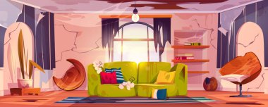 Old dirty living room with broken furniture. Vector cartoon illustration of empty abandoned home interior with mess, torn couch upholstery, crashed chair and broken wooden floor and ceiling