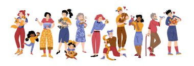 People with pets, male and female characters spend time with their home animals hedgehog, raccoon, hamster and snake, fish, rabbit, parrot, turtle, lizard and parrot Line art flat vector illustration