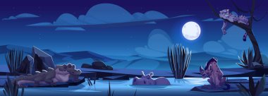 Cartoon african animals at night savannah landscape. Wild hyena, hippo, crocodile and cheetah sleeping in outdoor safari park under dark starry with moon, jungle inhabitants sleep, Vector illustration