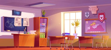 Classroom of history school class room interior with teacher table, blackboard with scheme, map and clock hanging on wall, student desk with books, cupboard, studying items Cartoon vector illustration