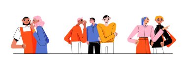 Karakterler dedikodular, fısıldaşmalar, mutlu ve mutsuz insanların dedikodu yapması, kulağına fısıldaması, iftira atması, sırları yayması, dedikodular, gizli bilgiler ve haberleri arkadaş Line sanat düz vektör ilülasyonuna iletmesi.