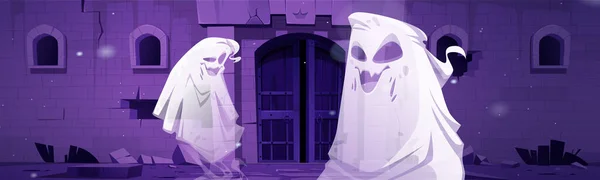 Spooky Ghosts Abandoned Castle Gates Night Cartoon Halloween Characters Floating — ストックベクタ