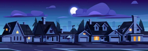 Suburb Houses Night Suburban Street Residential Cottages City Skyline Countryside — Archivo Imágenes Vectoriales