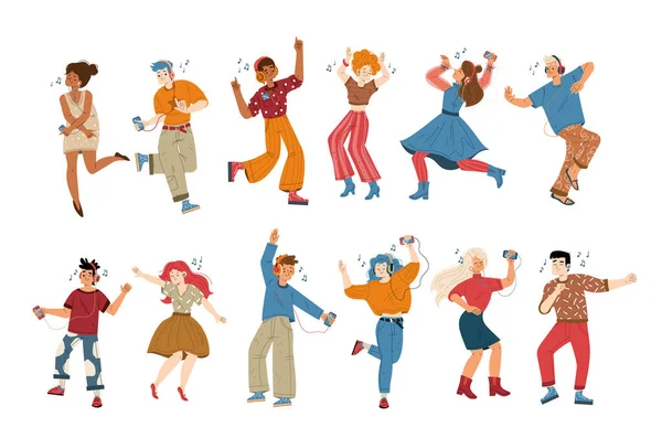 People Listen Music Dance Set Male Female Characters Players Headphones — Stockvektor