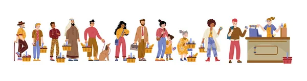 Diverse People Queue Supermarket Vector Flat Illustration Different Characters Food — Stock vektor