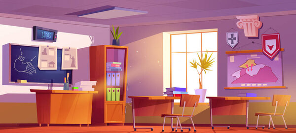 Classroom of history school class room interior with teacher table, blackboard with scheme, map and clock hanging on wall, student desk with books, cupboard, studying items Cartoon vector illustration