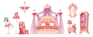 Pink bedroom, princess room furniture with floral pattern. Luxury interior elements, romantic vintage bed with canopy, floor and ceiling lamp, mirror, table and armchair, isolated cartoon vector set
