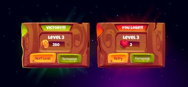 Level skorlu oyun tahtaları, zafer ve kaybedilen pankartlar. Gui tasarım elementlerinin vektör karikatür kümesi, seviye kazanma ve başarısızlık oyun ekranları başarılar ve düğme ile