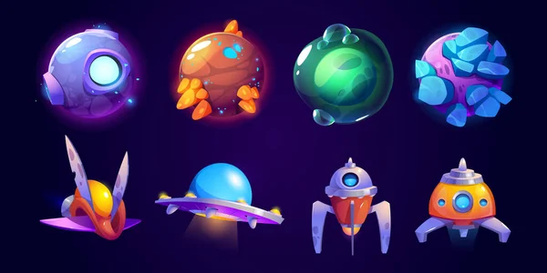 Alien Spaceship Fantasy Planets Game Icons Vector Set Funny Rockets — 图库矢量图片