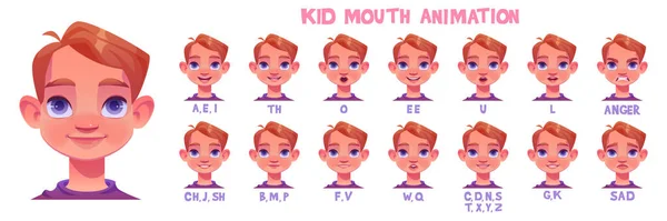 Kid Mouth Animation Different Facial Expressions Little Caucasian Boy Cartoon — Vettoriale Stock
