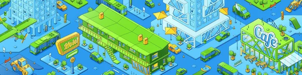 Modern City Map Isometric Cityscape Cafe Motel Office Buildings Construction — ストックベクタ