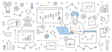 Borsa karalama konsepti. Borsa hizmetleri ve bilgisayar uygulaması, yatırım, Line Art vektör web pankartı kullanarak bilgisayar satışı ve satın alma üzerine çalışan işadamı tüccarı.