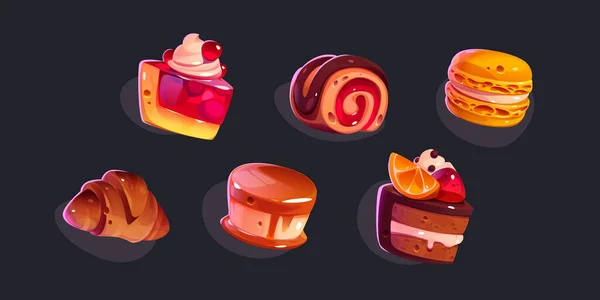 Jeu Icônes Gâteaux Bonbons Desserts Dessin Animé Éléments Graphiques Pâtisserie — Image vectorielle