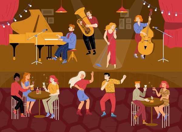 Jazz Club Musical Concert People Sit Tables Listen Entertainment Artists — Stock Vector