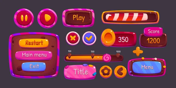 Candy Game Menu Interface Windows Cartoon Options Settings Plates Buttons — Vector de stock