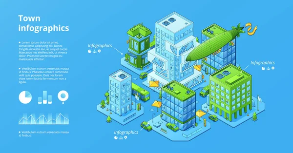 Town Infographics Poster Isometric Modern City Charts Vector Banner Urban — Vector de stock