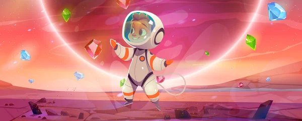 Cute Astronaut Collect Bonus Crystals Alien Planet Space Baby Cosmonaut — Stok Vektör