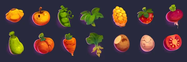 Vegetables Fruit Icons Game Items Strawberry Carrot Potato Tomato Apple — Vector de stock
