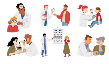 Oftalmologlar yarık lamba ve göz testi çizelgesi ile hastaların görüşlerini kontrol ediyorlar. Doktor optometristlerin, yetişkin insanların, yaşlı kadınların ve çocukların görme bozukluklarını gösteren düz bir çizim.