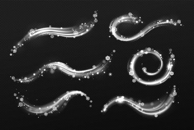 Winter wind effect with swirls and waves of white mist clouds with snow. Vector realistic set of blizzard, frost blowing air with snowflakes isolated on transparent background