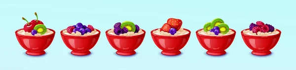 Oatmeal Fruits Berries Red Ceramic Bowls Healthy Breakfast Cereal Blueberry — Stock vektor