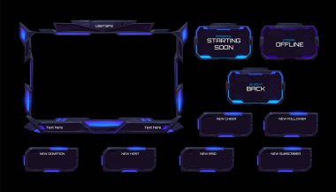 Space stream overlay, mmo game menu, neon ui frame. Streaming screen, gamer username panels and buttons. Template for esport, online live video, digital user interface glow borders, vector set