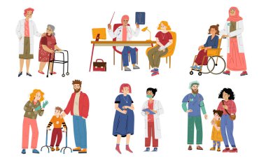 Doktorlar ve hastalar hastanede. Yaşlı ve yetişkin insanlar, çocuklar ve hamile olanlar için tıbbi bakım kavramı. Klinikteki farklı kişilerin vektör çizimi. Doktor, cerrah, çocuk doktoru konsültasyonu
