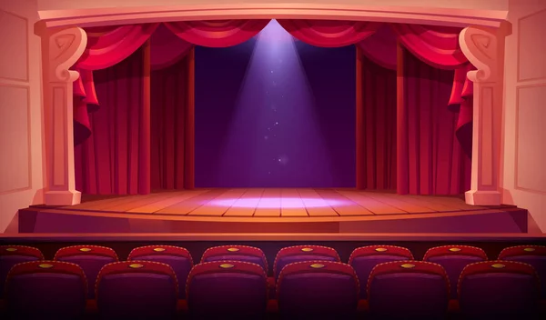 Palco Teatro Com Cortinas Vermelhas Holofotes Fileiras Assentos Vazias Teatro — Vetor de Stock