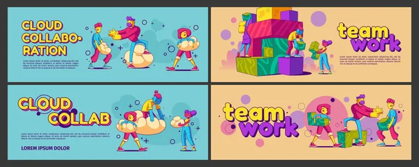 Cloud Collaboration Teamwork Banners People Work Together Vector Posters Cooperation — Vettoriale Stock