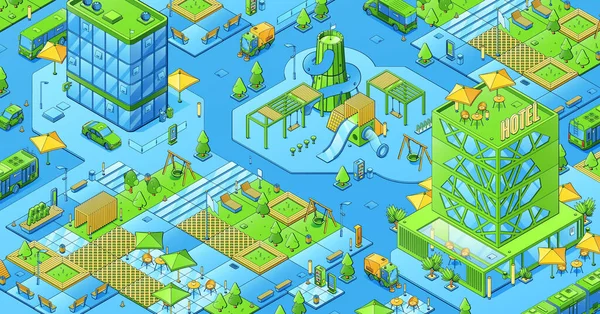 Isometric City Map Modern Town Eco Park Kids Playground Hotel — Stock Vector