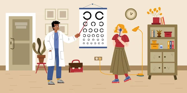 Doktor Göz Doktoru Klinikteki Hasta Görüşünü Göz Testi Tablosuyla Kontrol — Stok Vektör