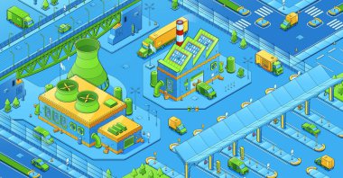 Isometric city infrastructure, megalopolis industrial and urban architecture buildings, transport refueling station, plants, cars driving at roads with zebra and signs, 3d vector line art illustration