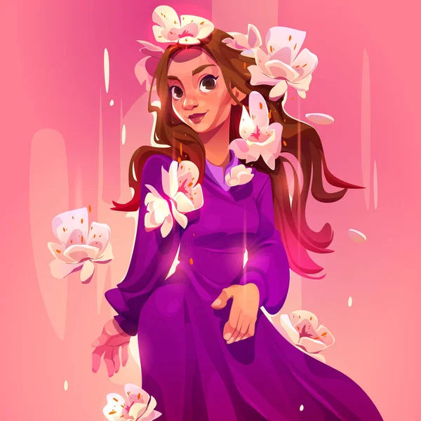 Cartoon Beautiful Girl Brown Hair Wear Long Purple Dress Blooming — Stock Vector