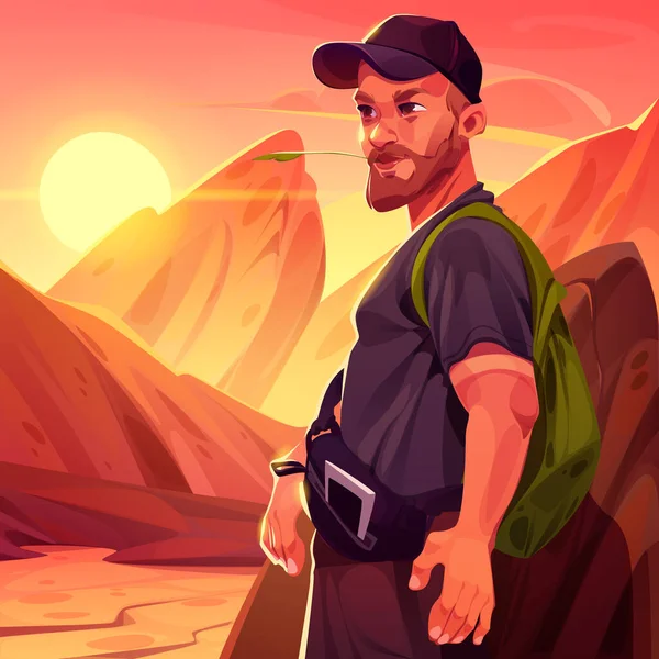 Mature Man Traveler Tourist Backpack Straw Mouth Mountain Landscape Sunset — Stockvektor